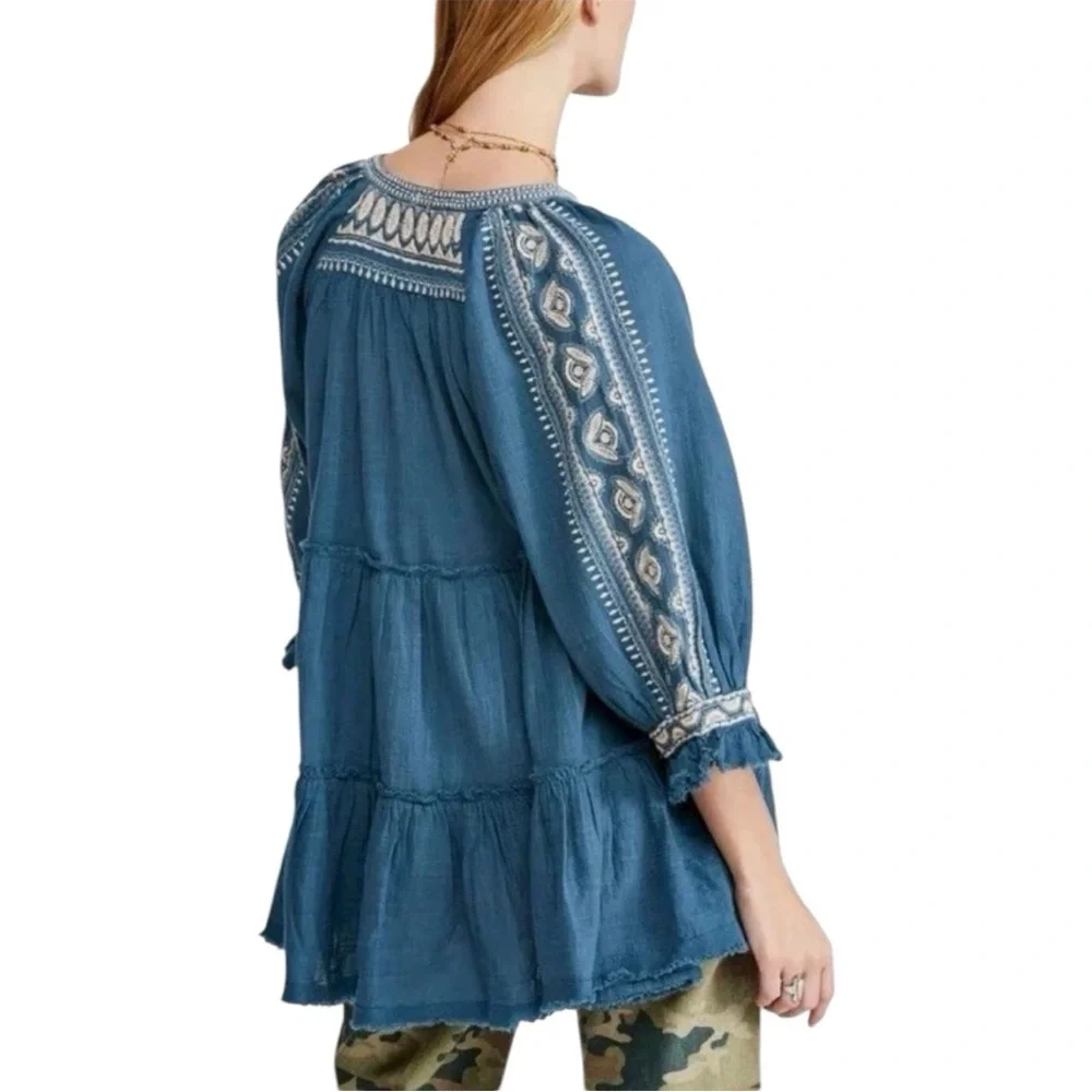 Free People Embroidered Boho Peasant Tunic Top Teal Blue Women’s Medium - Picture 2 of 16